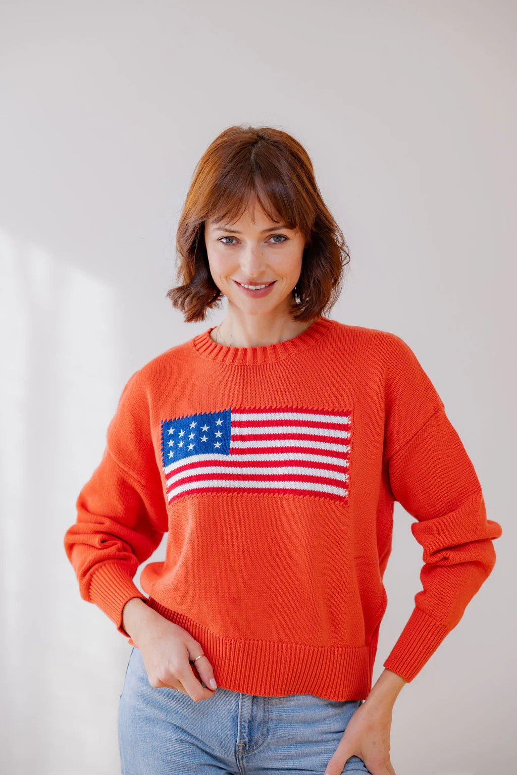 Terracotta Whipstitch American Flag Cotton Crewneck Sweater | Pearls & Camo