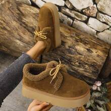 Women's Winter New Lace-Up Outdoor Snow Boots, Brown Suede Thick Sole Warm Fur Lining Retro Style | SHEIN