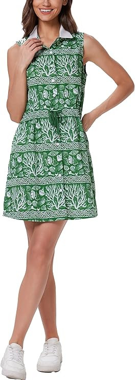 D-Sun Women Sleeveless Polo Mini Dress Printed Casual Button Down Golf Tennis Drawstring Waist Sh... | Amazon (US)