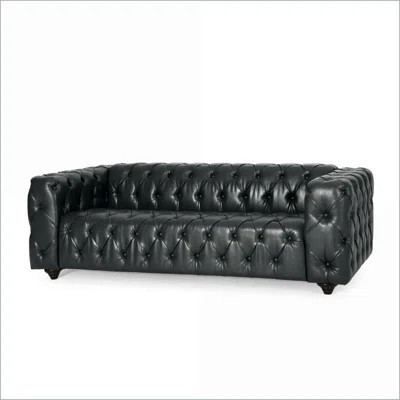 Sofas 3-Seat Traditional Button-Tufted Sofa, PU Upholstery & Birch Legs for Living Room/Study | PU | Black | Wayfair North America