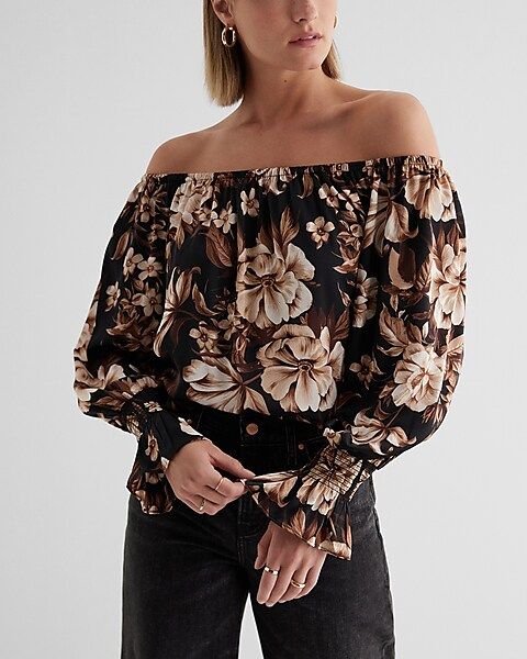 Satin Floral Off The Shoulder Smocked Cuff Top | Express