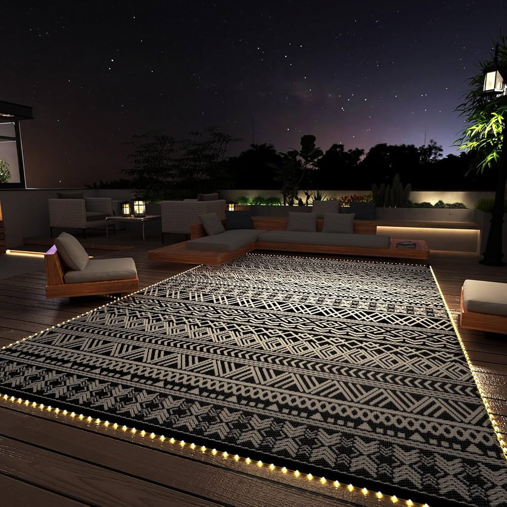 MontVoo-Outdoor Rug Carpet 8x10 ft for Patio RV Camping with Led Strip Lights Waterproof Plastic ... | Amazon (US)