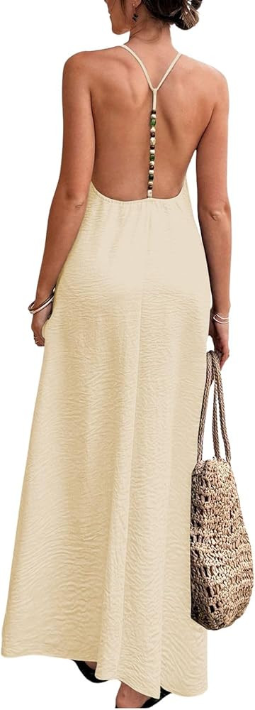 Verdusa Women's Backless Cami Dresses Linen Maxi Dress Open Back Vacation Boho Summer Outfits | Amazon (US)