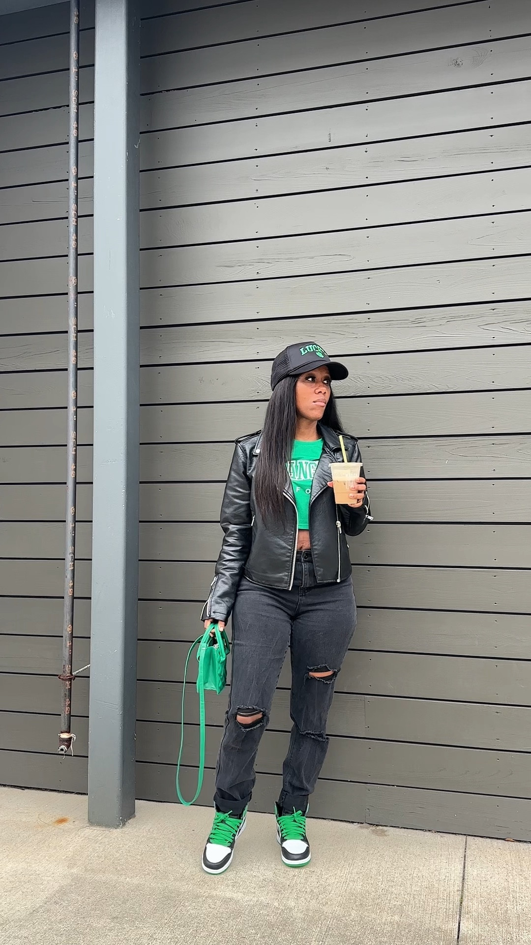 How to style Jordan 1 ‘lucky green’ I’m wearing black distressed mom jeans with a green and white graphic crop top. I layered it with a black faux leather jacket. I styled it with a black and green trucker hat and green crossbody bag.

#LTKshoecrush #LTKSeasonal #LTKstyletip