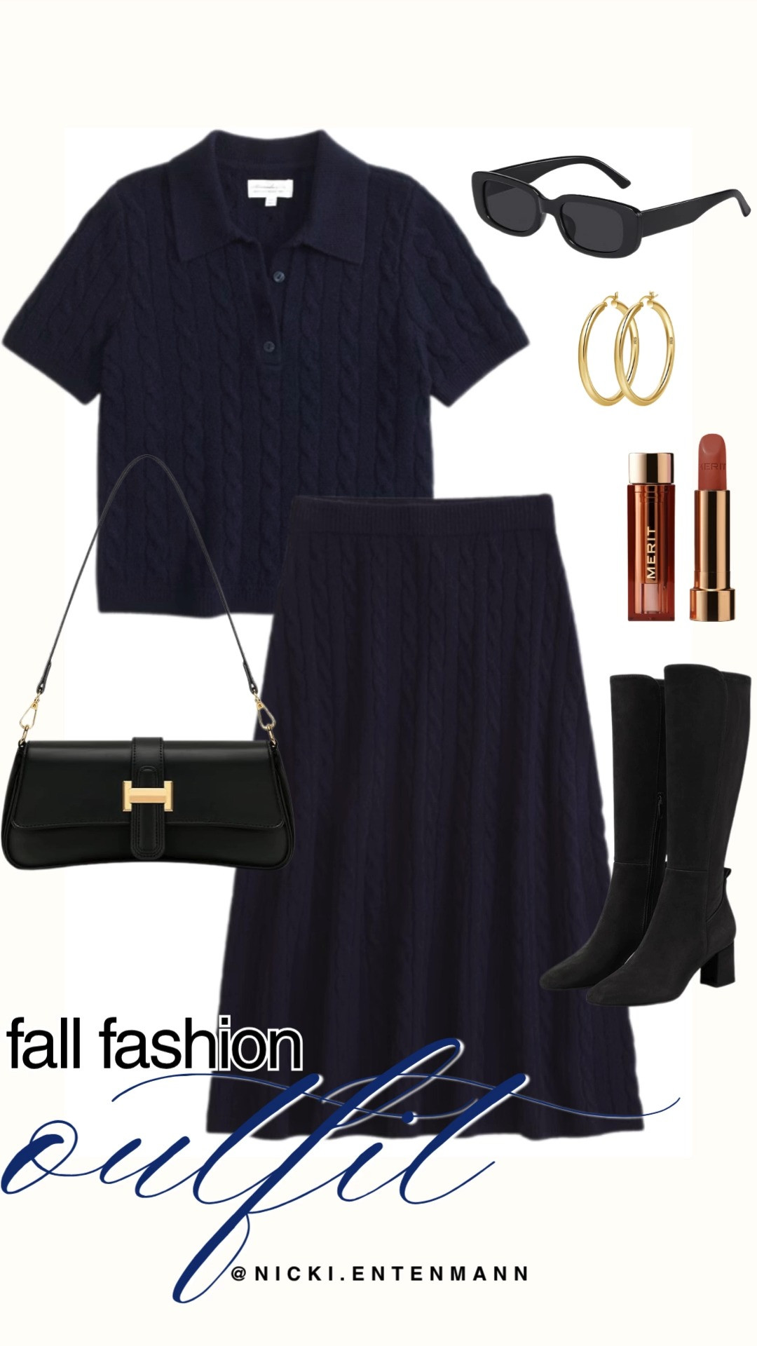 Elevate your autumn style with this chic navy monochromatic outfit featuring a short-sleeve cable-knit polo sweater and matching midi skirt. The preppy look is paired with sleek black knee-high boots, a structured black leather shoulder bag, rectangular sunglasses, gold hoop earrings, and a Merit lip shade. This timeless ensemble offers an effortless blend of sophistication and cozy fall elegance.

#fallfashion #outfitinspiration #monochrome #preppycasual #autumnstyle #ootd #everydaystyle 

 #LTKootd #LTKmomlife #LTKTravel