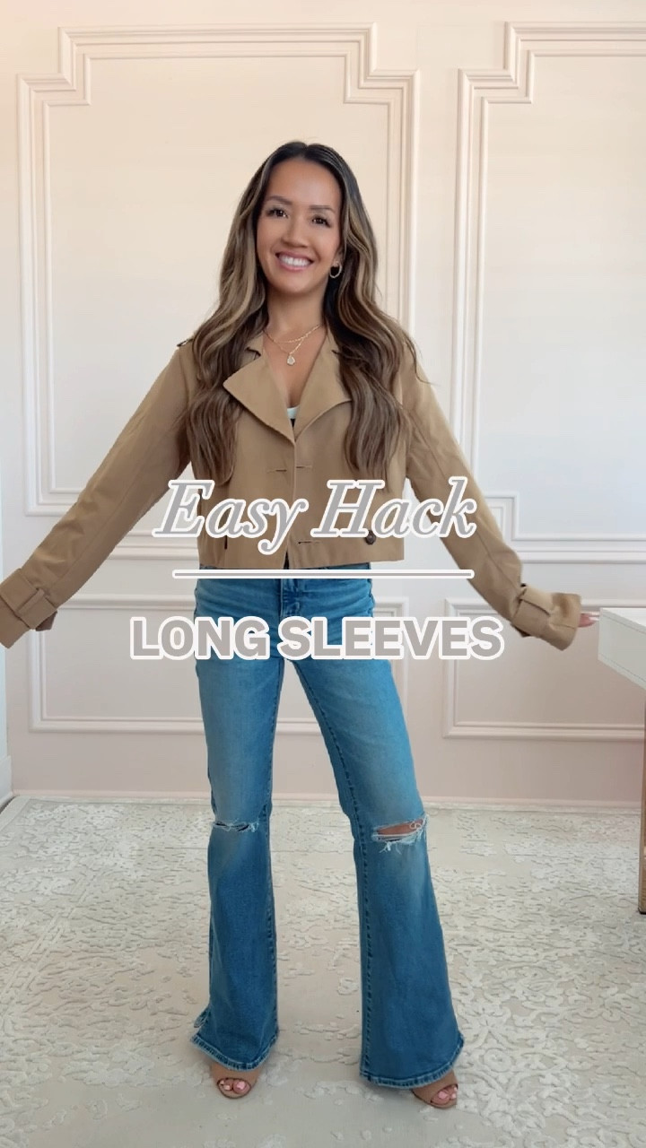Easy hack for long sleeves! Just use a rubber band or elastic hair tie. Put it on your sleeve and scrunch your sleeve up to conceal it. Adjust if needed and the best part, your sleeves stay
up all day! 

Trench - wearing size XXS
Jeans - 000 Short 

Both on sale! 

#LTKFallSale #LTKFindsUnder50 #LTKVideo