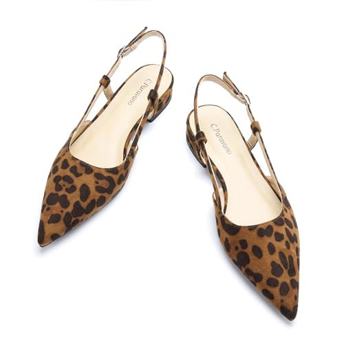 C.Paravano Women's Slingback Flats Pointed Toe Slingback Flats for Women Slingback Sandals Adjustable Ankle Strap Shoes(Size 11.5,Leopard) | Amazon (US)
