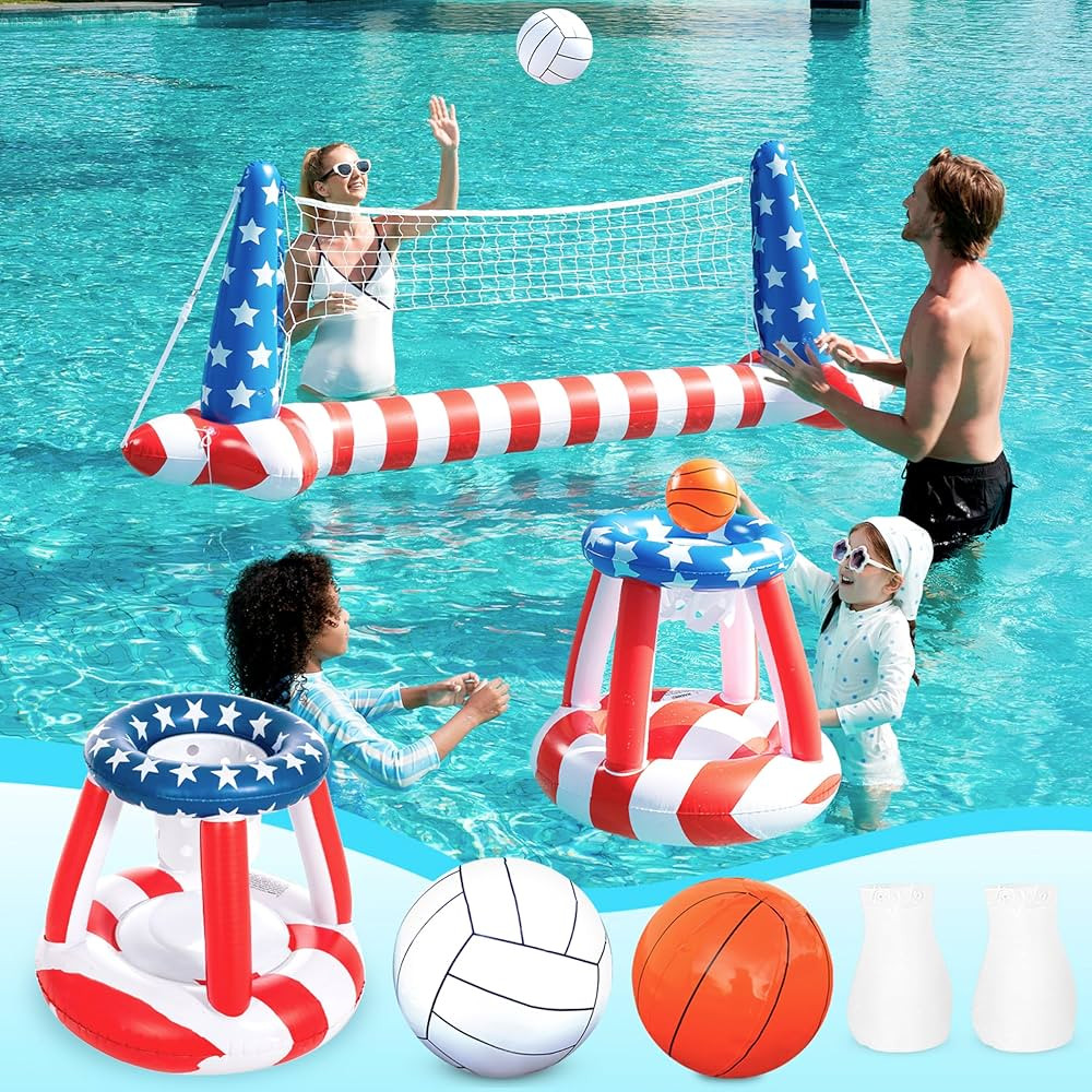 Inflatable Pool Floats Set American Flag Volleyball Net & Basketball Hoops, Swimming Pool Game To... | Amazon (US)