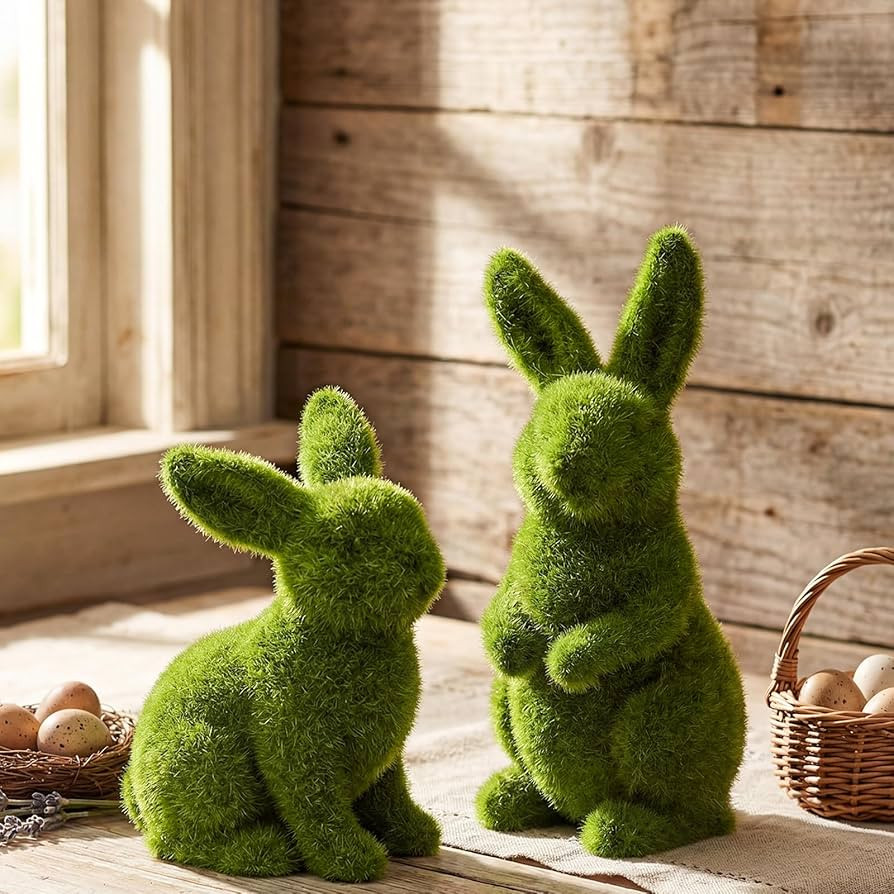 Wesiti 2 Pcs Easter Flocked Moss Bunny Decor Figurines Resin 4.5/5.5 Inches Green Rabbit Decorati... | Amazon (US)