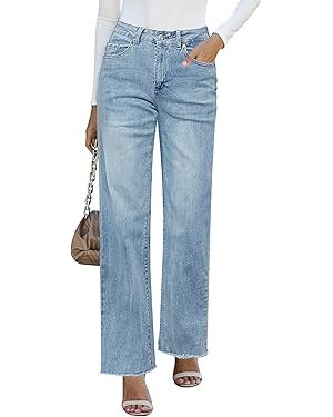 GRAPENT Straight Leg Jeans for Women High Waisted Stretchy Frayed Raw Hem Loose Denim Pants Casua... | Amazon (US)