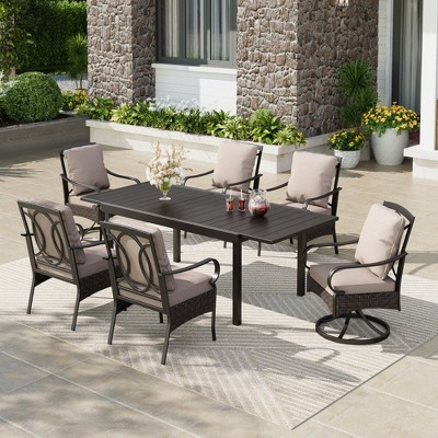 Captiva Designs 7pc Patio Dining Set with Slat-top Rectangle Expandable Table with Straight Legs & Rattan Metal Chairs | Target