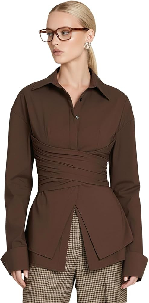 Women Fitted Button Down Shirt Cinched Waist Tops Cotton Long Sleeve Wrap Blouse Stylish Dressy C... | Amazon (US)