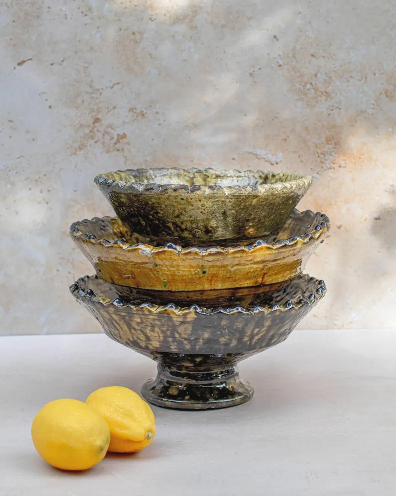 Tamegroute Ochre Pedestal Bowl Moroccan Ceramic Serving Bowl Handmade Pottery from Morocco in 3 S... | Etsy (US)