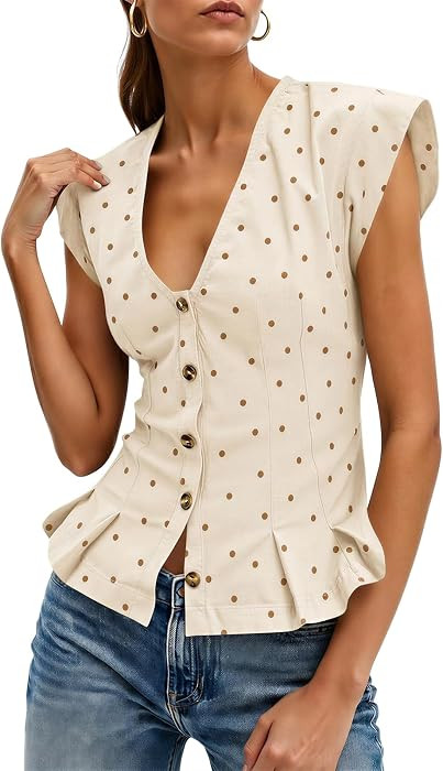 Cicy Bell Womens V Neck Vest Tops Cropped Ruffle Button Up Cotton Blouse | Amazon (US)