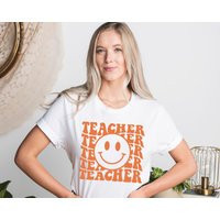 Retro Teacher Shirt Smiling Face Tees For Teachers Gift First Second Prek Grade | Etsy (US)