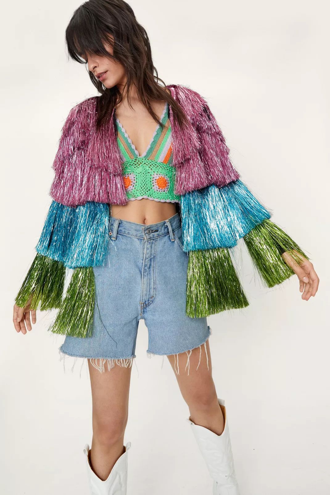 Metallic Open Front Tiered Tinsel Fringe Jacket | Nasty Gal (US)