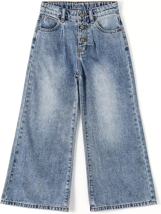 KIDSCOOL SPACE Girls' Wide-Leg Jeans,3 Buttons Front Elastic Band Inside Palazzo Denim Pants | Amazon (US)