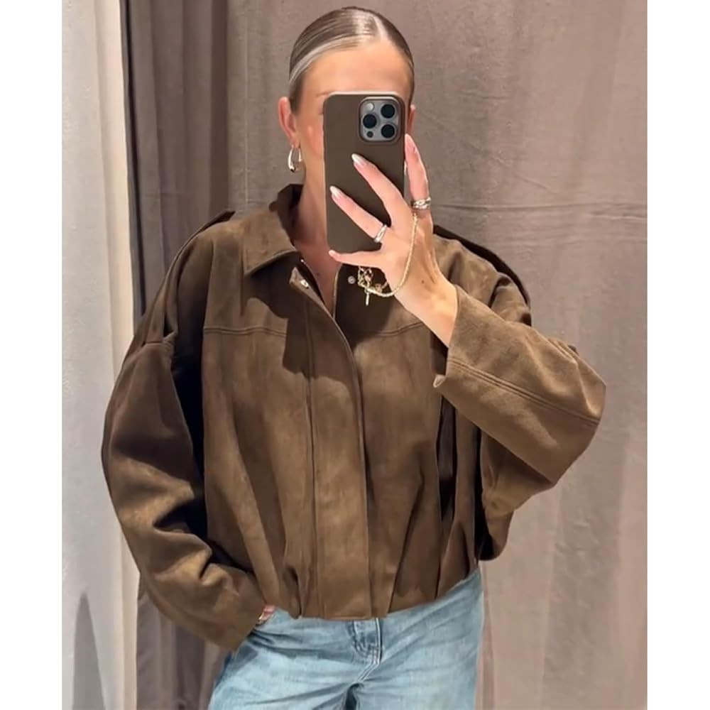 Women's Faux Suede Bomber Jacket Oversized Pilot Coats Fall Lapel Zip Up Motorcycle Streetwear Ou... | Amazon (US)