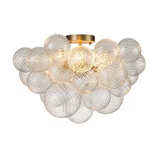 HUOKU Neuvy 19 in. W 3-Light Brass Cluster Semi-Flush Mount Chandelier with Grape Swirled Glass S... | The Home Depot