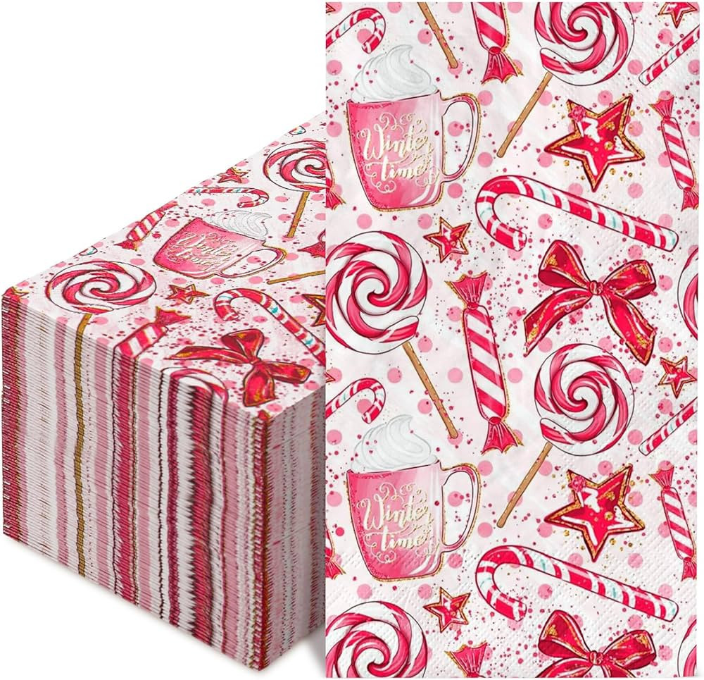 AnyDesign 100 Pack Pink Christmas Guest Napkins Peppermint Candy Canes Theme Disposable Paper Nap... | Amazon (US)