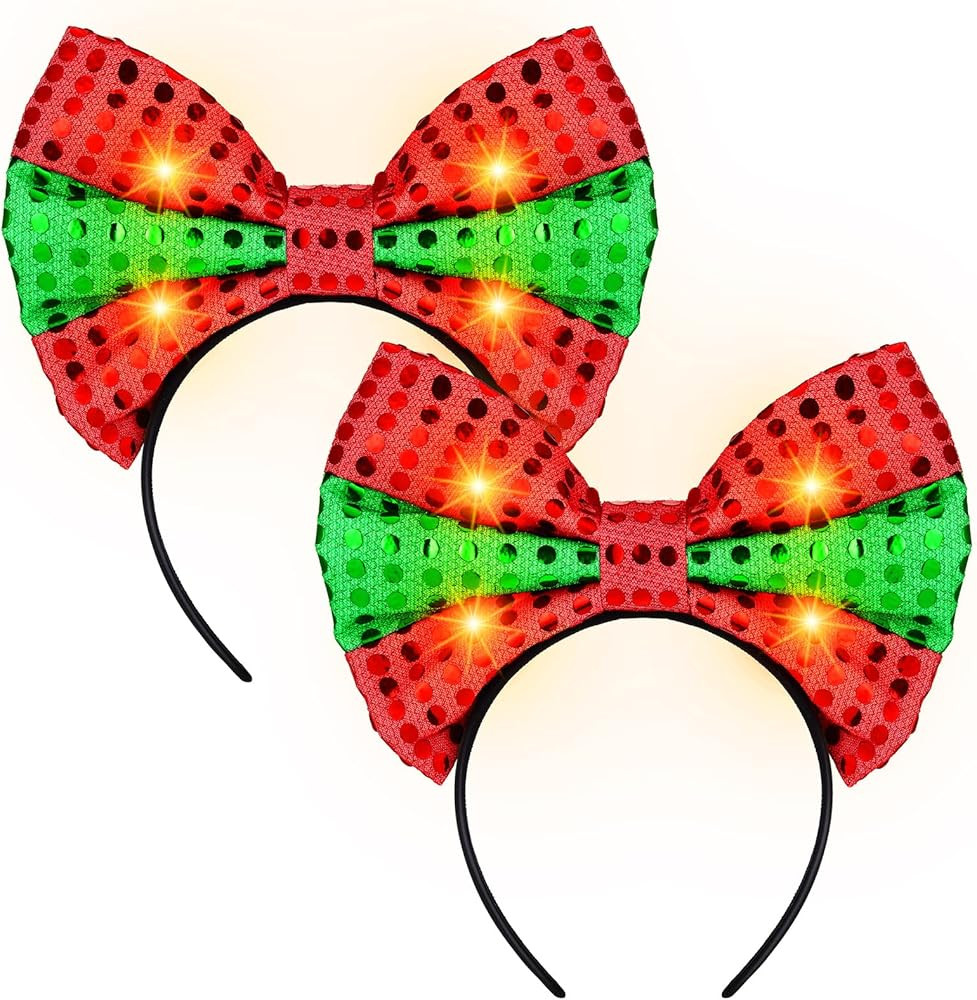 2 Pcs Light up Christmas Bow Headbands Led Christmas Headband Sequin Green Red Xmas Headbands Chr... | Amazon (US)