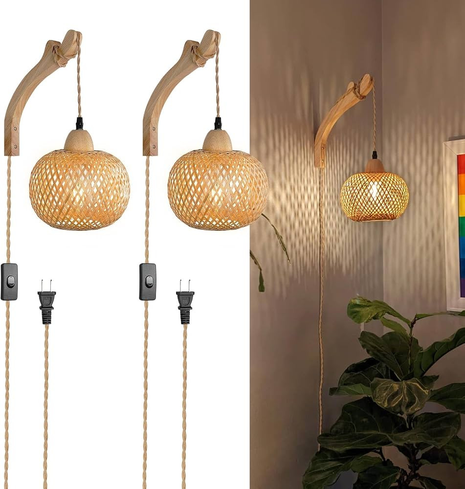 Frideko Bamboo Wall Sconces Set of Two Plug in, Boho Wall Lamp with Plug in Cord, Farmhouse Wall ... | Amazon (US)