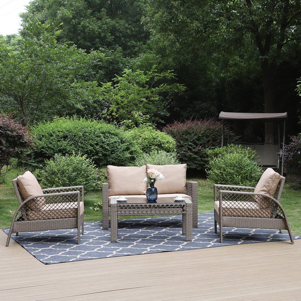 MF Studio 4PCS Rattan Wicker Patio Conversation Set Outdoor Furniture Sofa Set with Glass Table f... | Walmart (US)