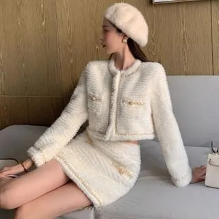 Tweed Button-Up Jacket / Mini Skirt | YesStyle Global