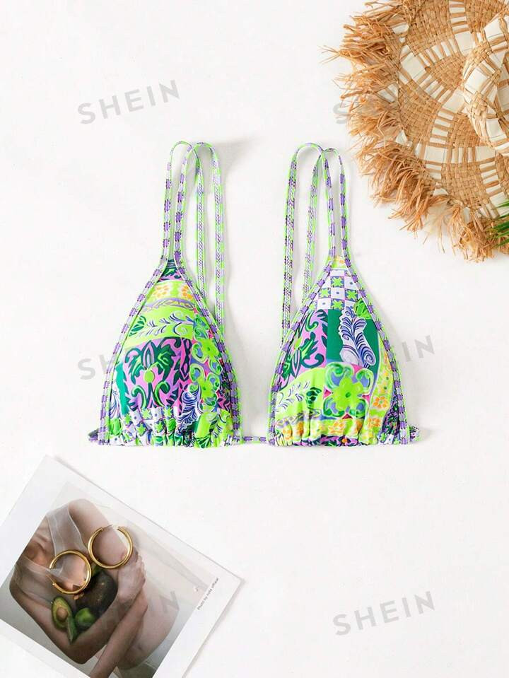Women's Random Printed Bikini Top With Double Shoulder Strap | SHEIN