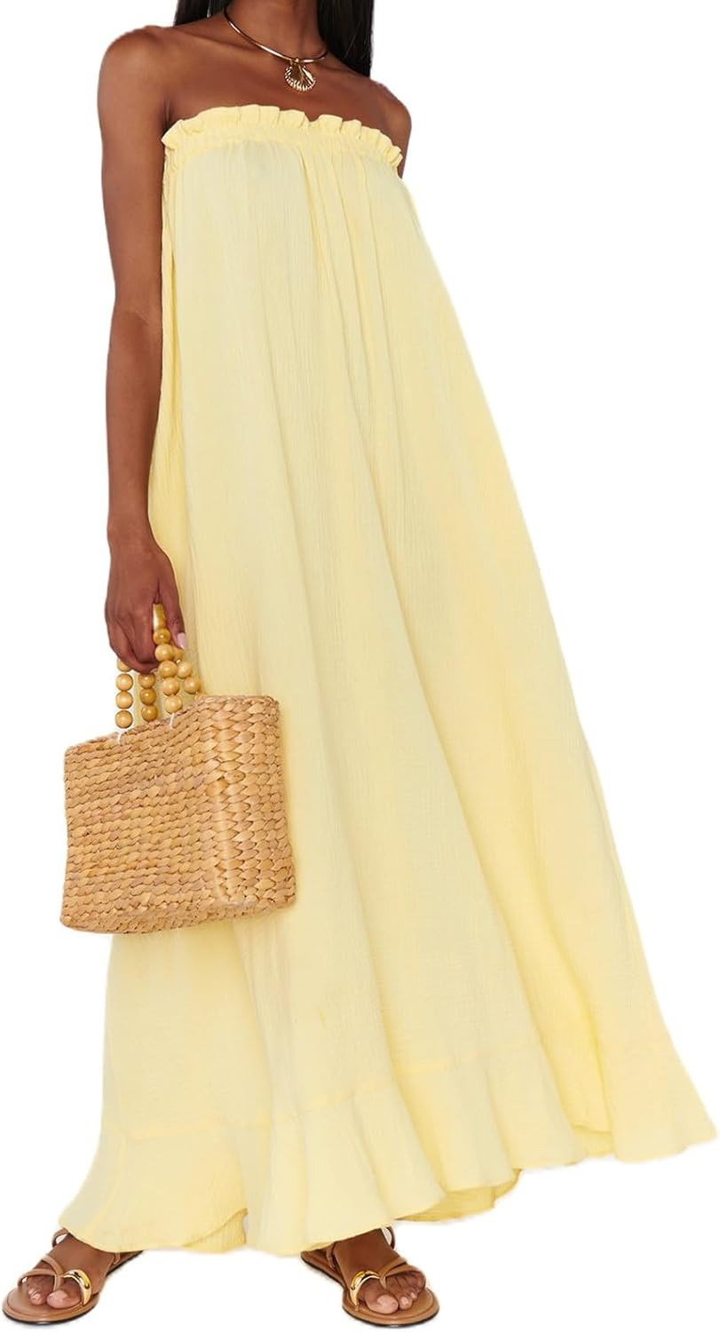 Women Floral Print Maxi Tube Dress Strapless Flowy Long Bandeau Dress Y2K Open Back Sundress Summer Beachwear | Amazon (US)