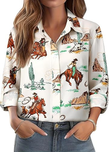 MYMORE ❷⓿❷❻ Women's Western Cowgirl Graphic Button Down Shirt Long Rolled 3/4 Sleeve Flor... | Amazon (US)