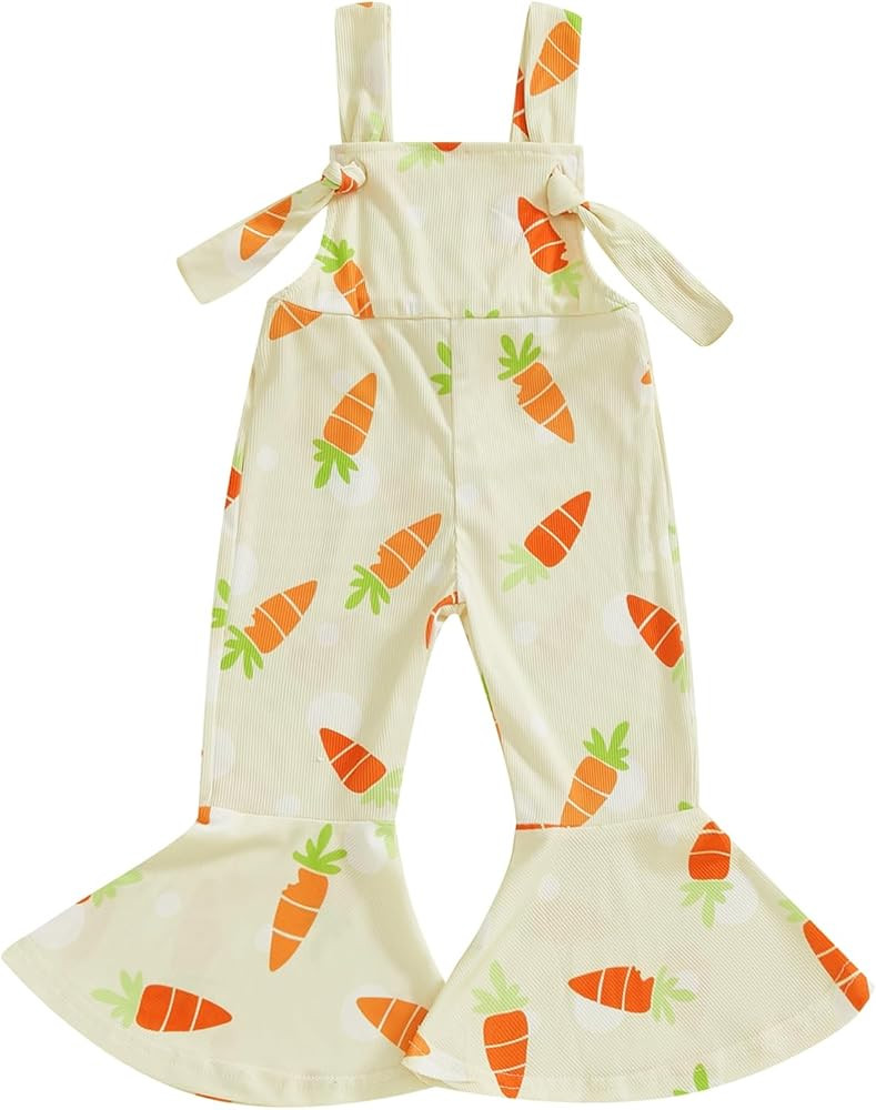 Toddler Girl Easter Outfit Bunny/Egg/Carrot Print Bell Bottom Romper Knotted Ribbed Suspender Ove... | Amazon (US)