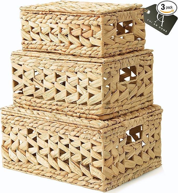 14in Wicker Storage Baskets with Lids, Set of 3 Natural Water Hyacinth Decorative Baskets for She... | Amazon (US)