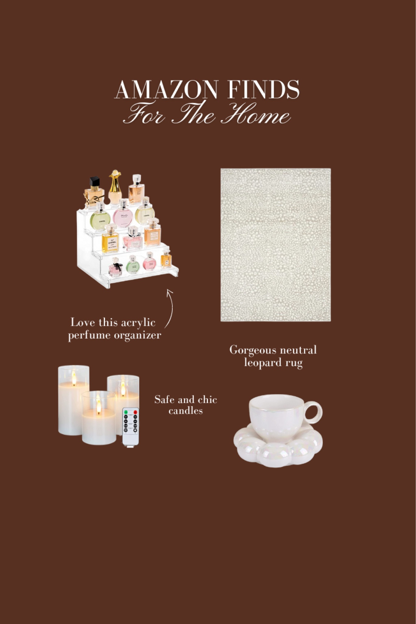 Simple ways to refresh your home ✨ Loving these electronic candles, perfume organizer, neutral leopard rug and cloud mug from #Amazon. #AmazonFinds #Neutral #HomeDecor 

#LTKFind #LTKhome #LTKunder100