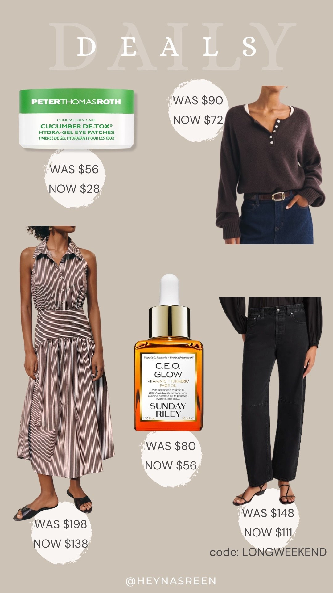Daily deals on Peter Thomas Roth eye patches, Abercrombie sweater, Maxwell jeans, Sunday Riley oil, Abercrombie dress