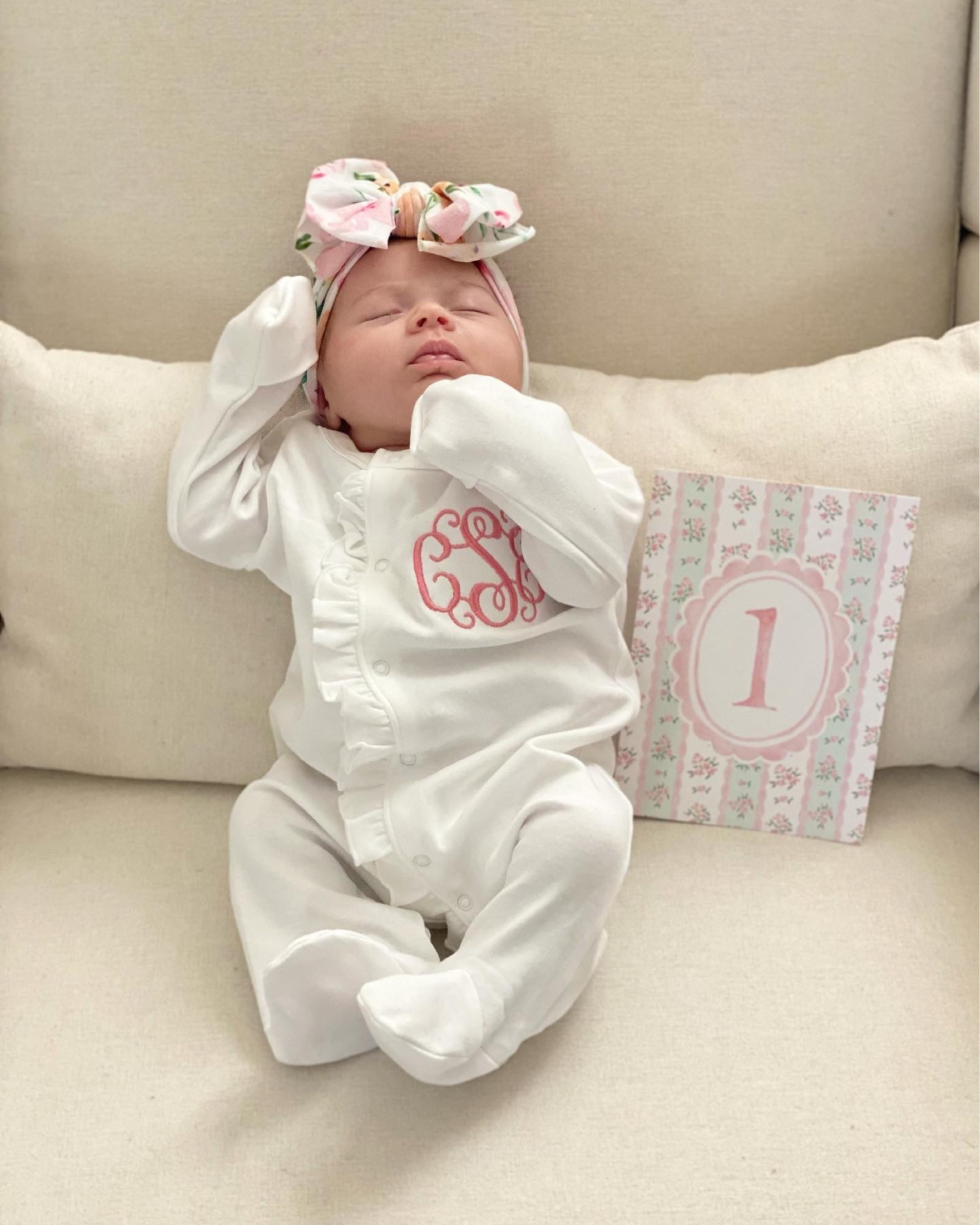 Milestone cards 
Newborn photos 
1 month old 
Baby bling baby headband bow - this pattern is currently unavailable from Nordstrom 
Newborn monogram onesie 
Coming home from hospital outfit 

#LTKbump #LTKfamily #LTKbaby