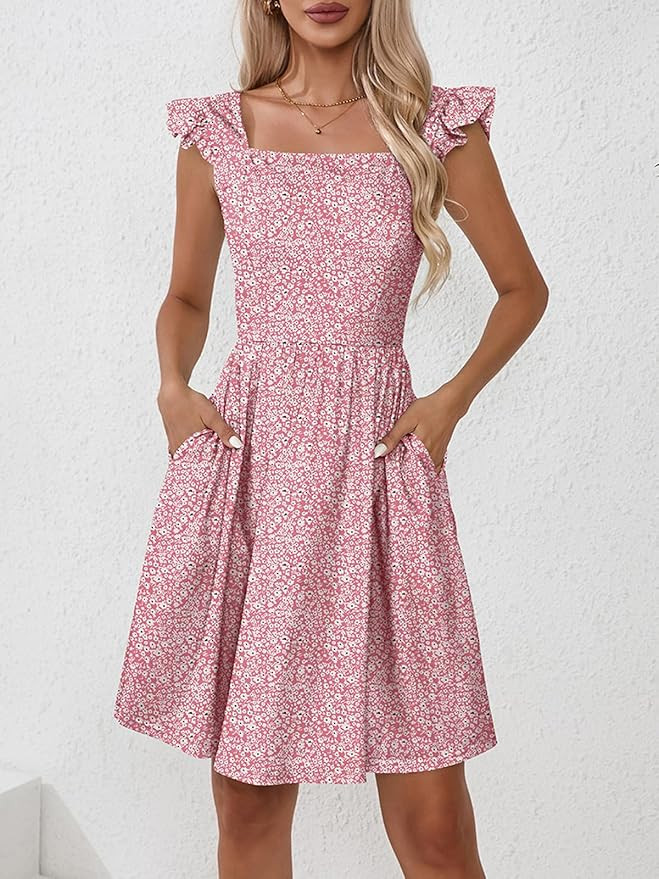 Naggoo Women's Summer Dresses Casual Square Neck Floral Sundress with Pockets A Line Flowy Beach ... | Amazon (US)