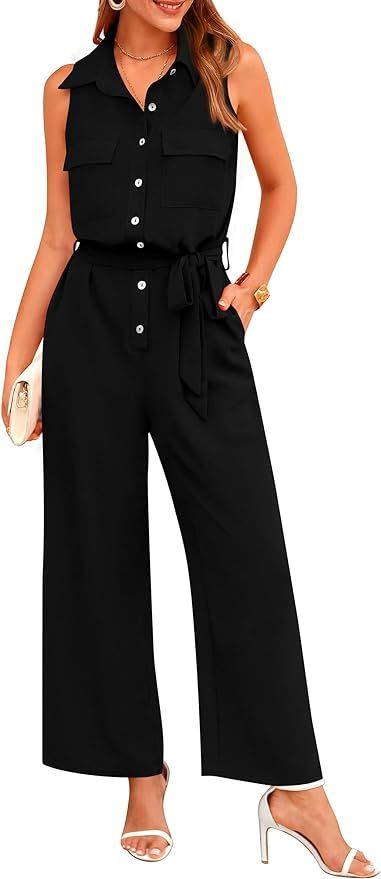 PRETTYGARDEN Women's Summer Jumpsuits Dressy Casual Sleeveless Button Up Belted Long Pants Romper... | Amazon (US)