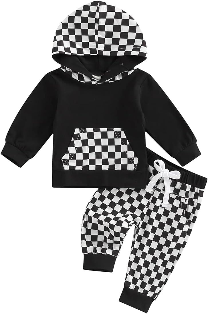 Toddler Baby Boy Girl Fall Winter Clothes Checkerboard Plaid Hoodie Sweatshirt Tops Elastic Waist... | Amazon (US)