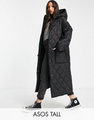 ASOS DESIGN Tall quilted longline hooded puffer jacket in black | ASOS (Global)