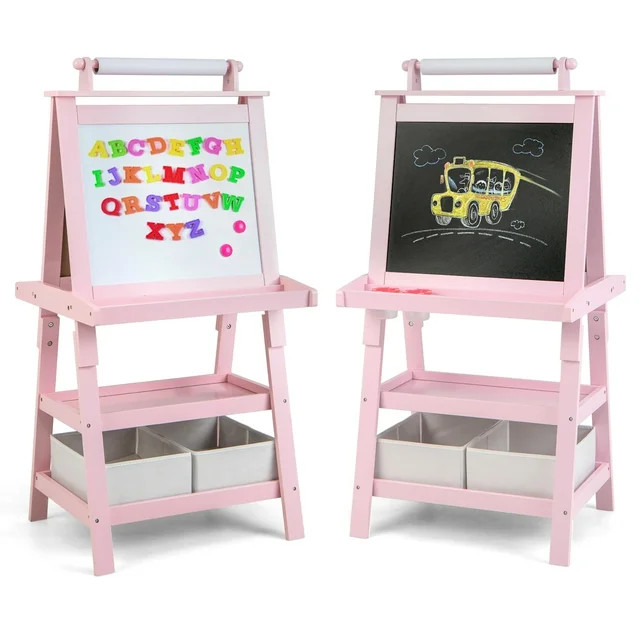 Gymax 3 in 1 Double-Sided Storage Art Easel w/Paint Cups for Kid Writing Teal Frosting Pink | Walmart (US)