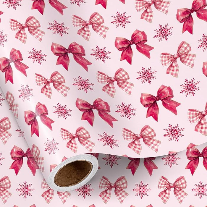 RUSPEPA Pink Christmas Bow Wrapping Paper Roll for Girls, Mini Roll, Red Bows and Snowflakes Desi... | Amazon (US)