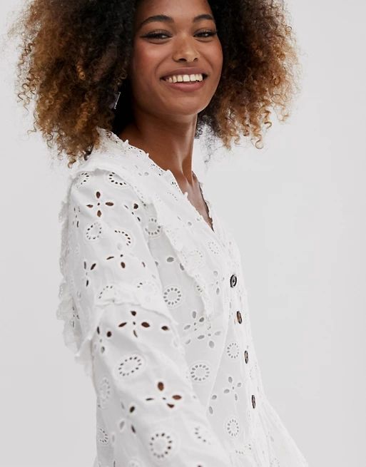 ASOS DESIGN broderie button through tiered smock mini dress in white | ASOS (Global)