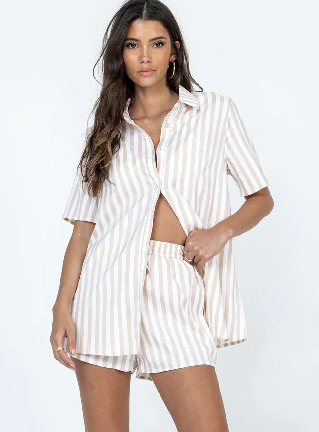 Chloe Short Sleeve Set Beige Stripe | Princess Polly US