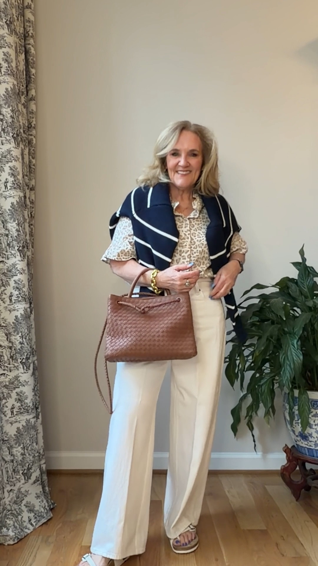 Abercrombie a bit off white jeans size 29 short 
Summer leopard blouse size medium 
Striped sweater I sized up to a large for an oversized look 
This is the large tote. Also comes in a small 

#LTKOver40 #LTKSaleAlert #LTKPetite