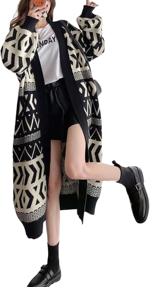 chouyatou Women Fall Winter Color Block Western Tribal Aztec Print Open Front Long Cardigan Sweat... | Amazon (US)