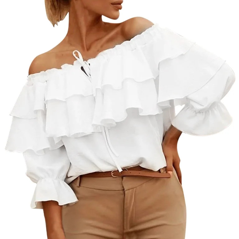 Womens Tops Casual Off Shoulder Ruffle Long Sleeve Blouses Casual Layered Tops White M | Walmart (US)