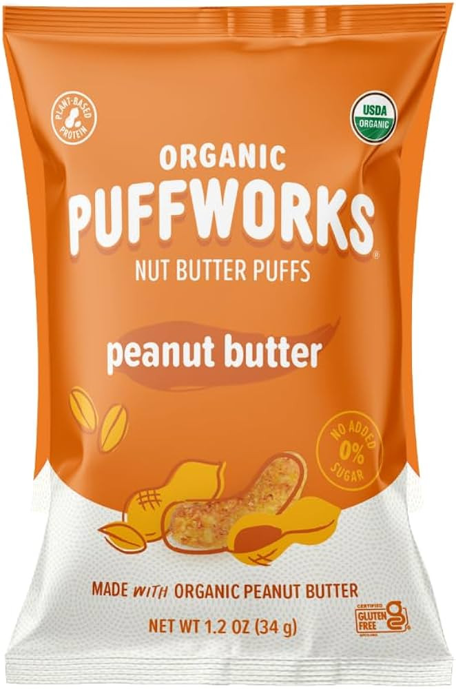 Puffworks Original Organic Peanut Butter Puffs, Plant-Based Protein Snack, Gluten- and Rice-Free,... | Amazon (US)