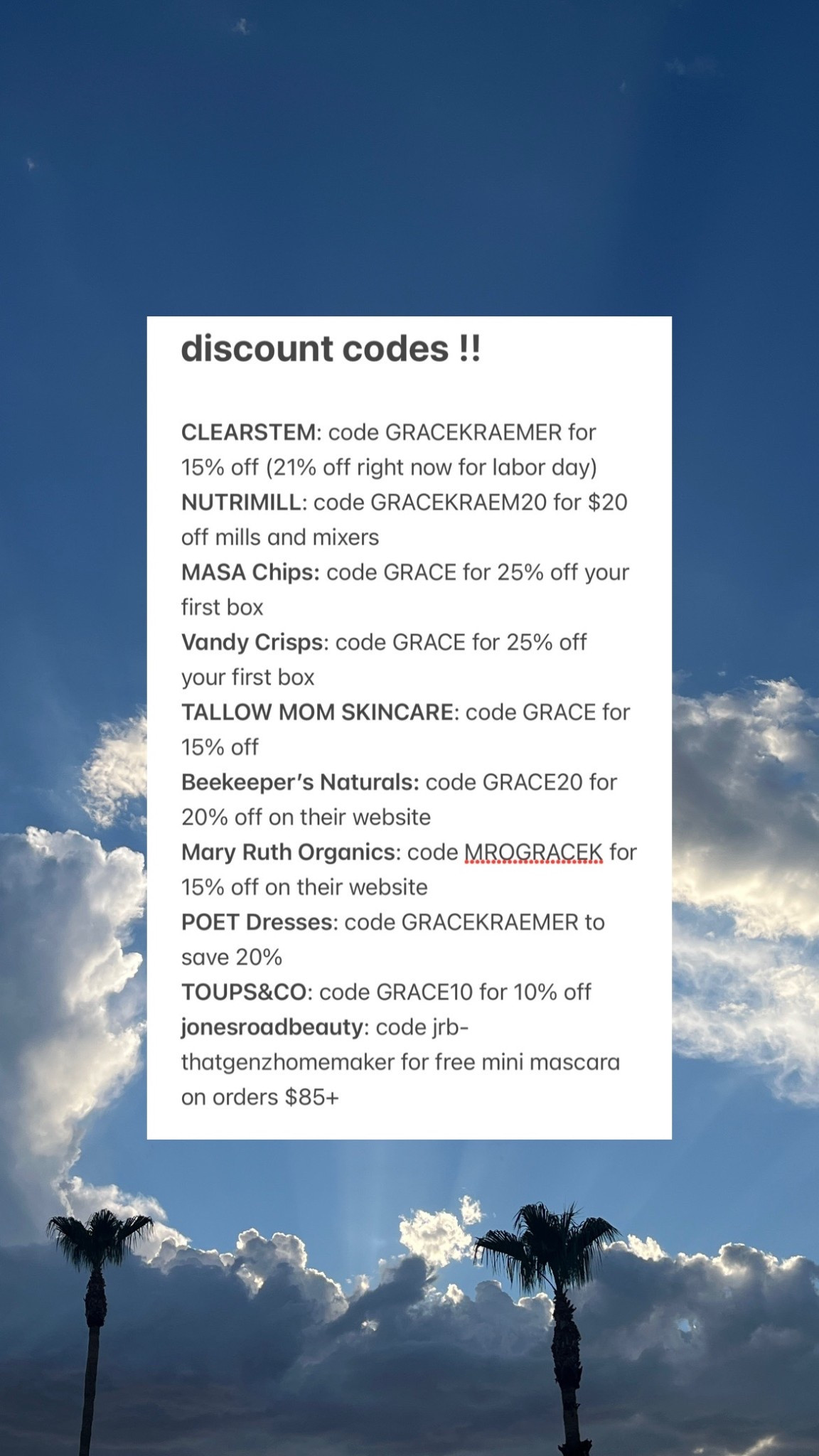 my discount codes!! feel free to screenshot & save if you’d like :)



#LTKBeauty #LTKSaleAlert #LTKStyleTip