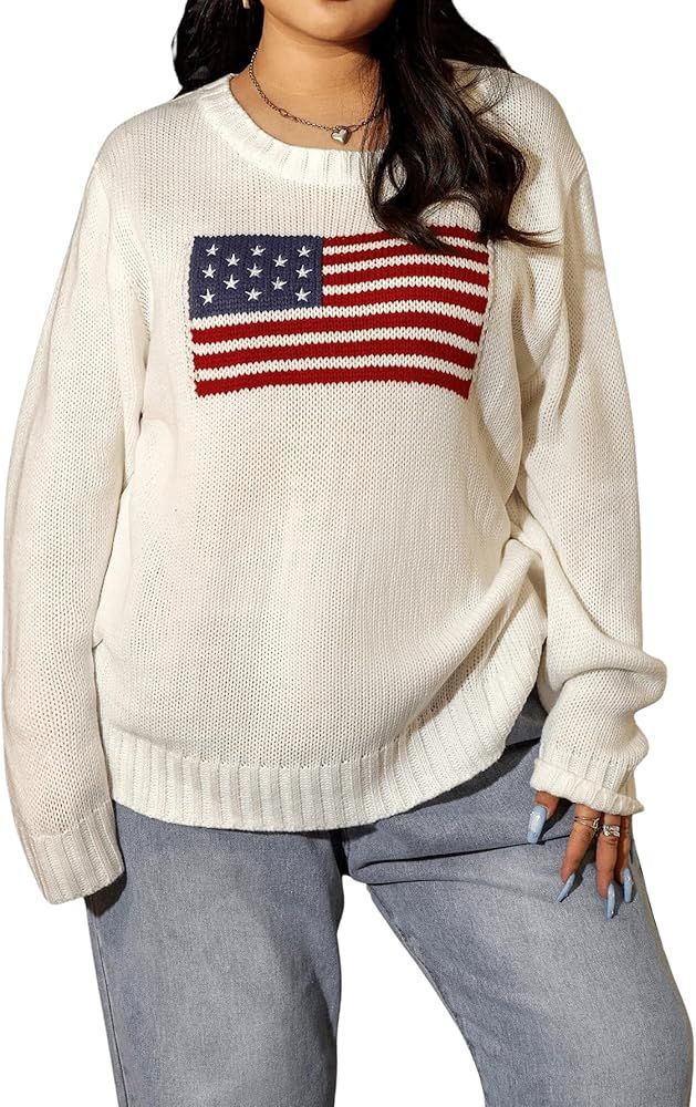 SHENHE Women's Plus Size America Flag Sweater Long Sleeve Crewneck USA Graphic Knitted Pullover S... | Amazon (US)